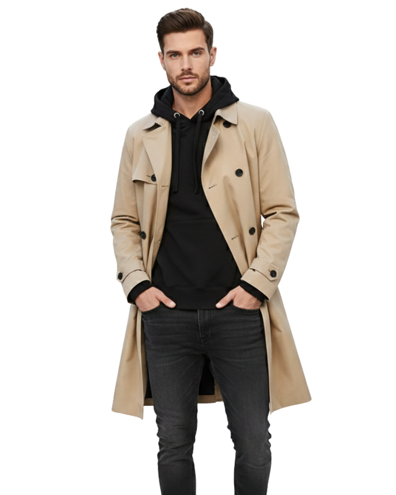 Brent | Men's Double Breasted Trench Coat with Lapel Collar and Adjustable Belt