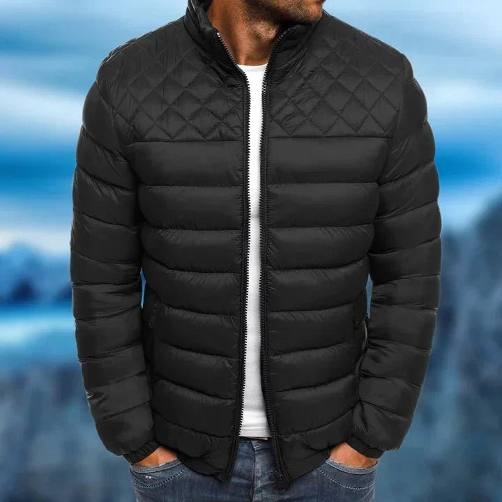 Men's quilted winter puffer jacket with storm flap in Black