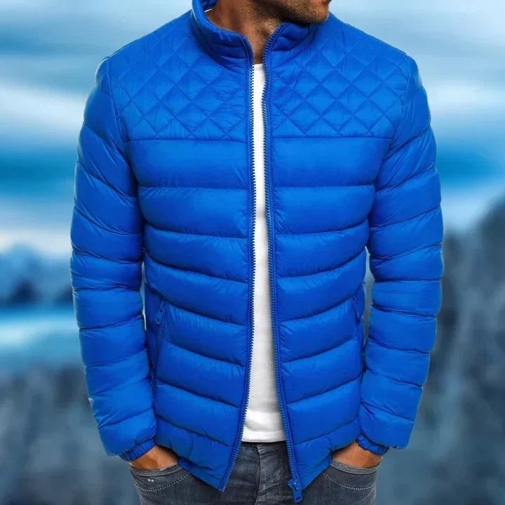 Men's quilted winter puffer jacket with storm flap in Blue