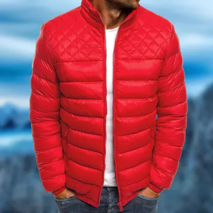 Men's quilted winter puffer jacket with storm flap in Red