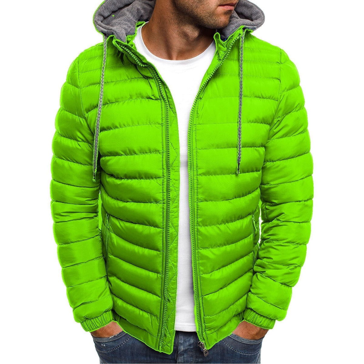 Men's quilted winter puffer jacket with detachable hood in Green