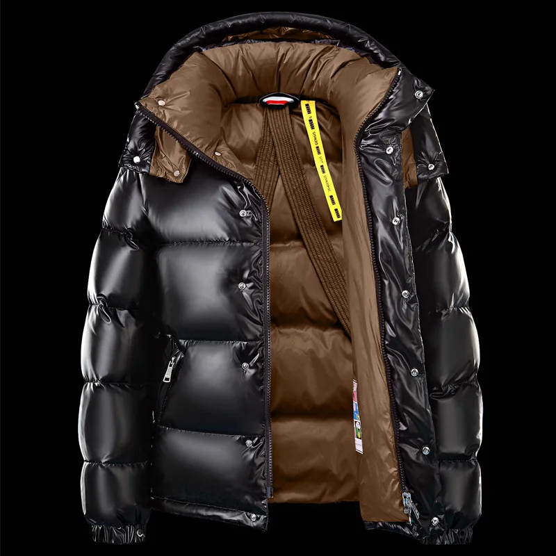 Men's winter down puffer jacket with hood in Brown