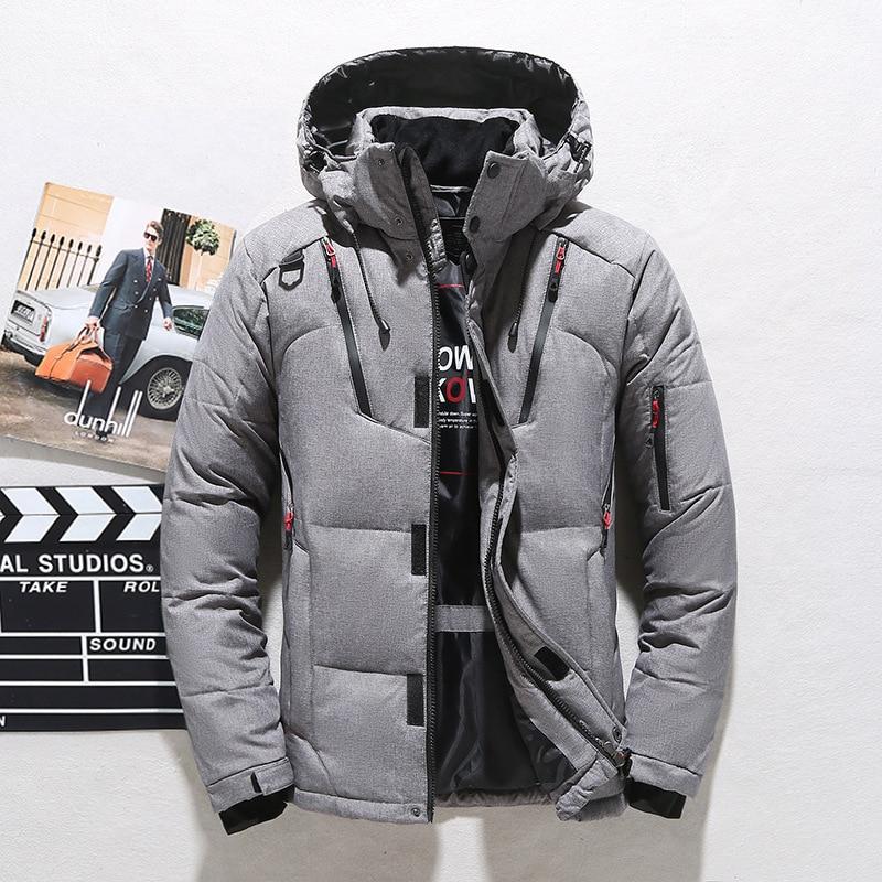 Men's waterproof winter puffer jacket with hood and fleece lined collar in Gray