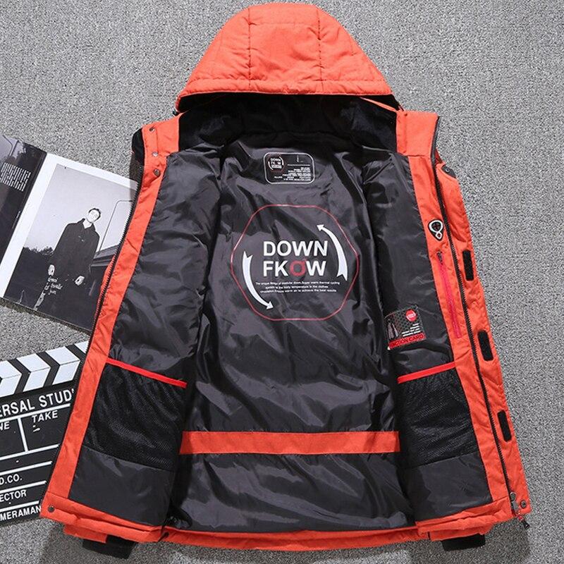 Men's waterproof winter puffer jacket with hood and fleece lined collar