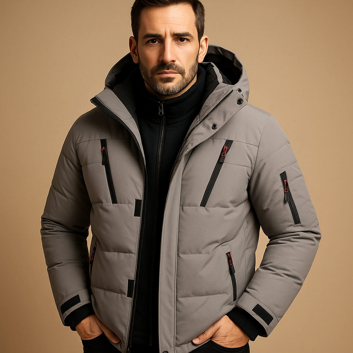 Men's winter puffer jacket with hood and zip pockets in Gray