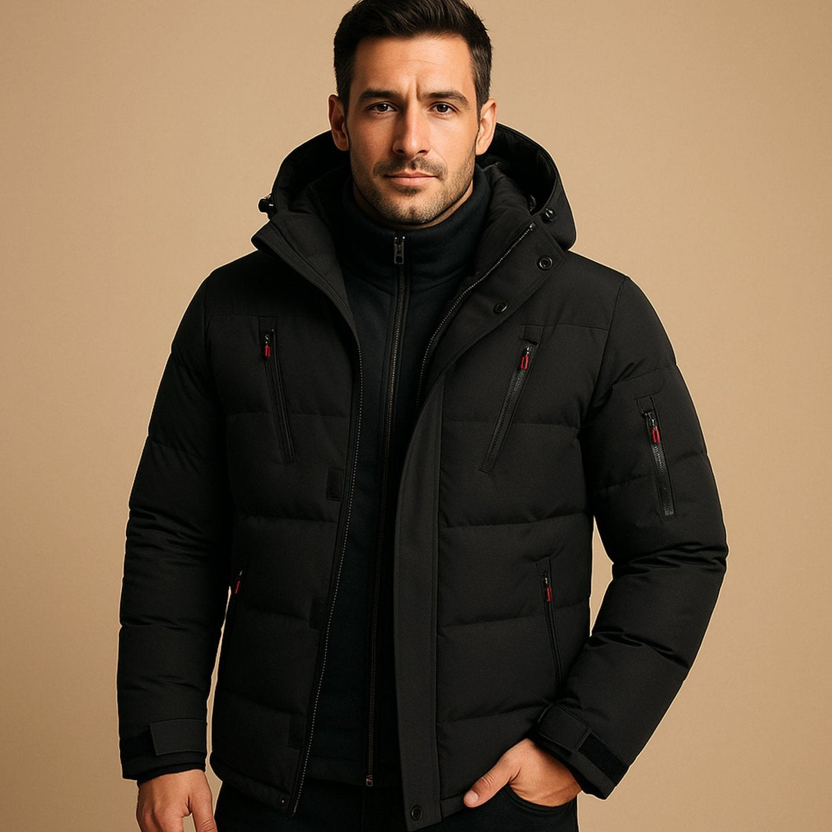 Men's winter puffer jacket with hood and zip pockets in Black
