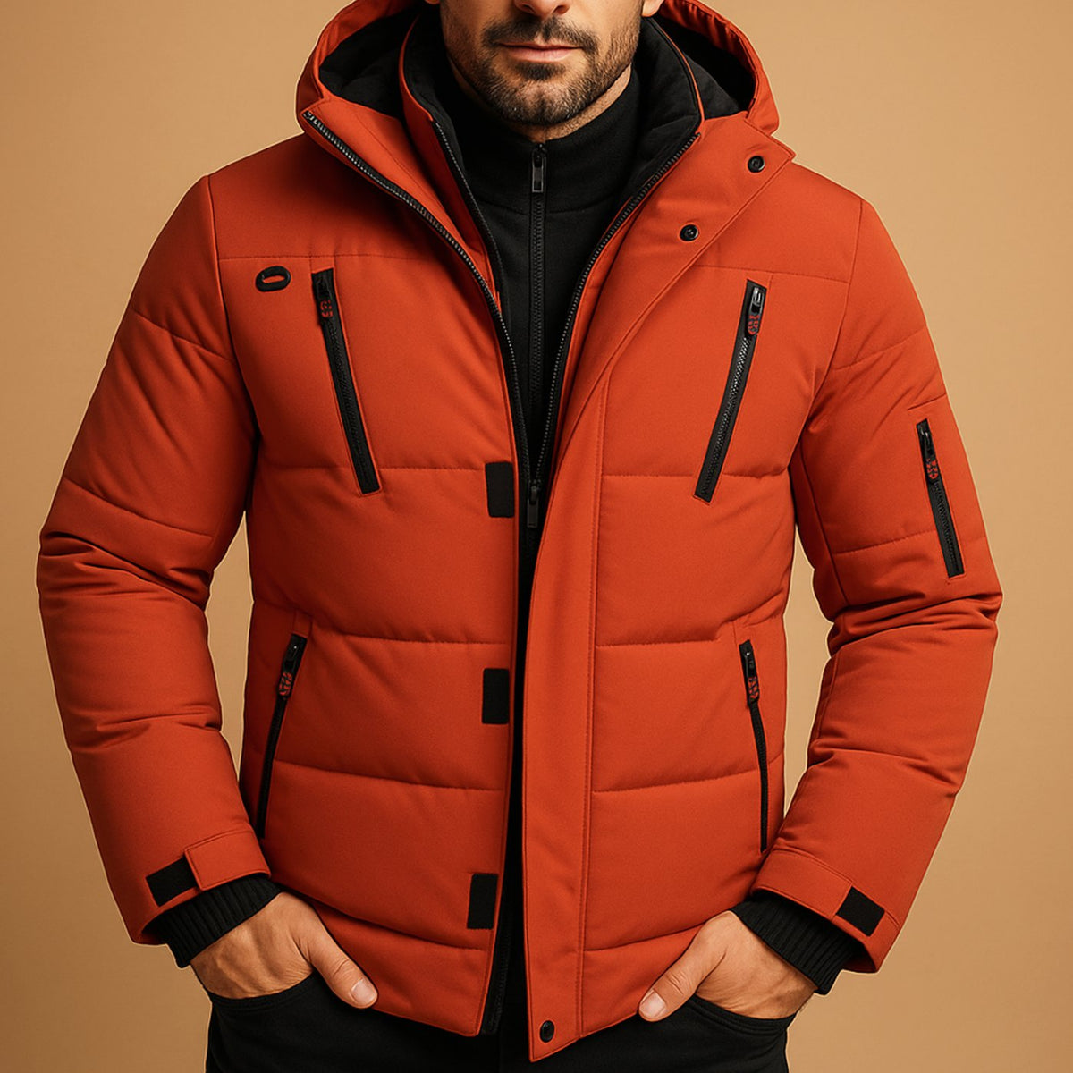 Men's winter puffer jacket with hood and zip pockets in Orange