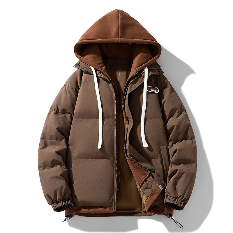 Men's quilted winter puffer jacket with hood and elastic cuffs in Coffee