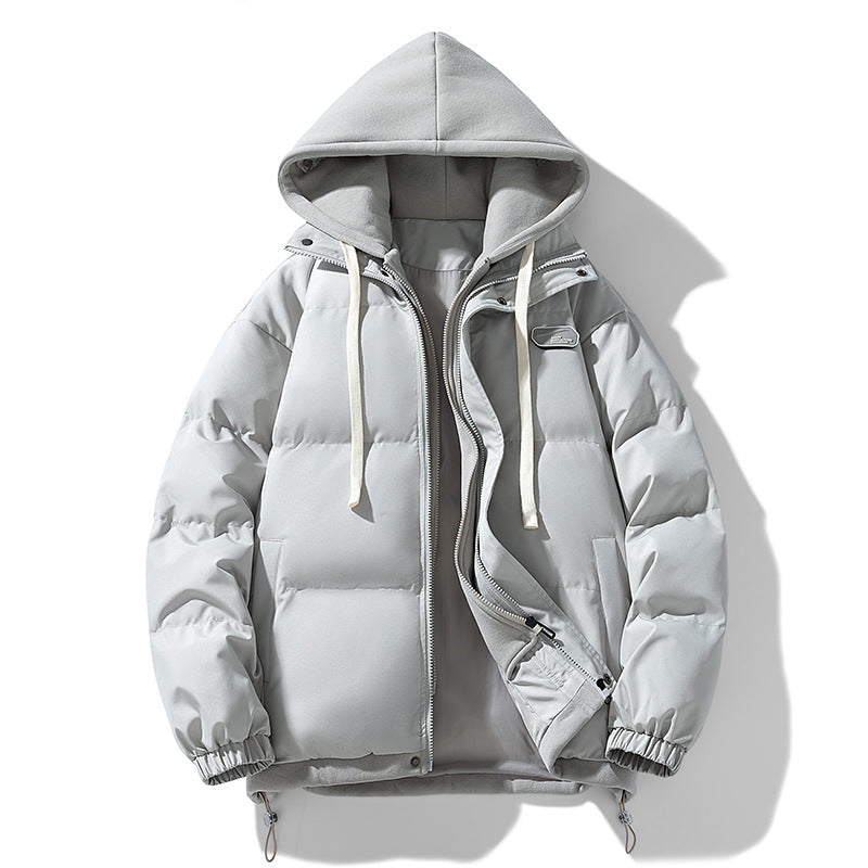 Men's quilted winter puffer jacket with hood and elastic cuffs in Silver Gray