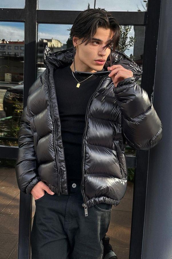 Men's winter down puffer jacket with hood and high collar