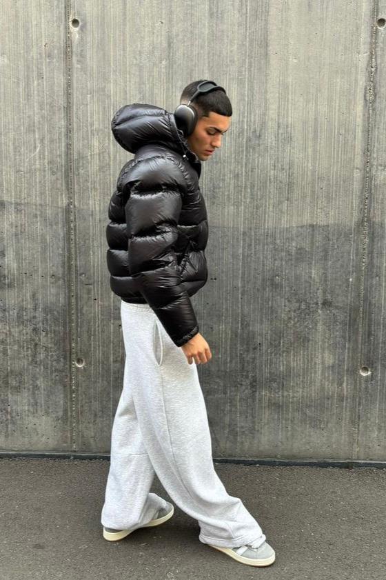 Men's winter down puffer jacket with hood and high collar
