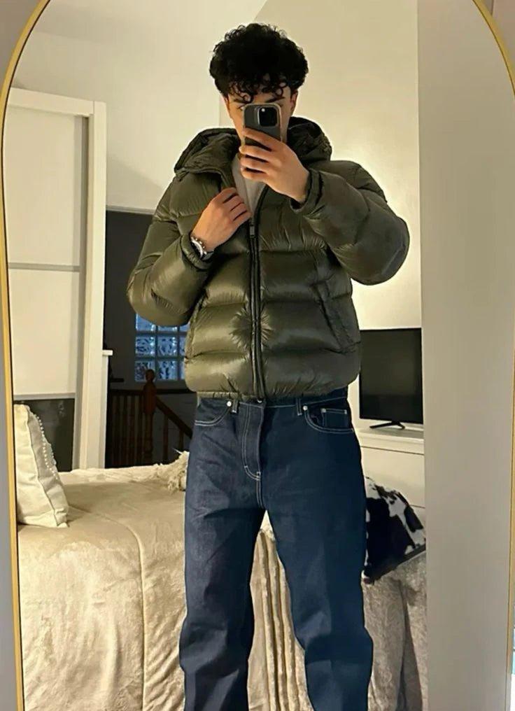 Men's winter down puffer jacket with hood and high collar