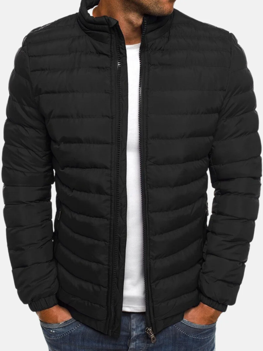 Men's quilted winter puffer jacket with stand collar and full zip in Black
