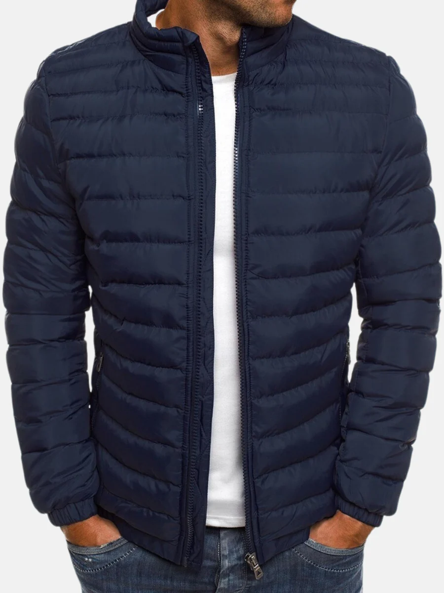 Men's quilted winter puffer jacket with stand collar and full zip in Navy