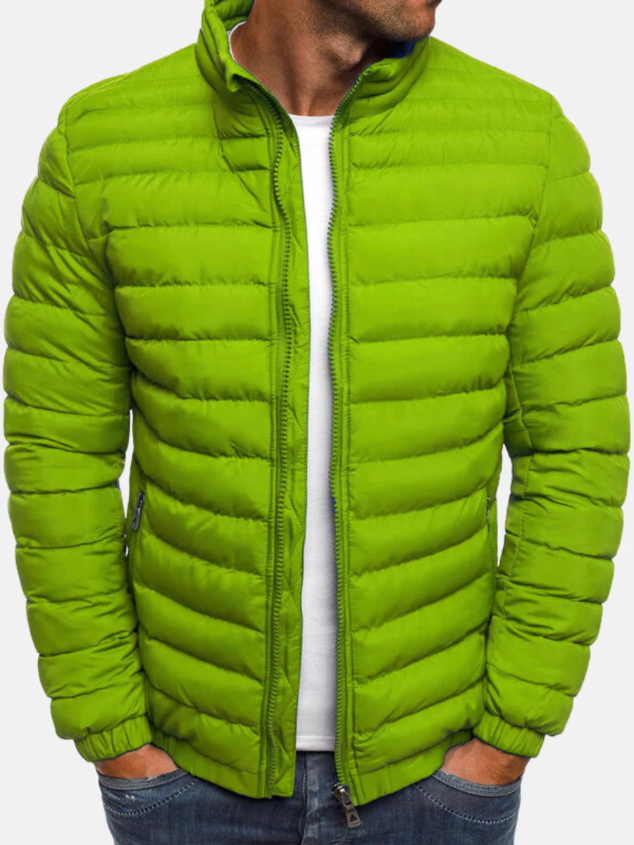 Men's quilted winter puffer jacket with stand collar and full zip in Green