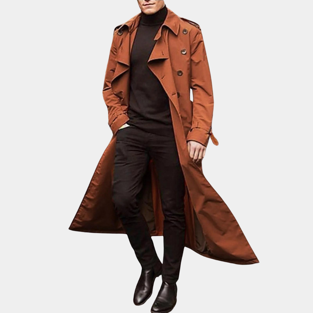 Nate | Men's Long Trench Coat with Water Repellent Fabric and Adjustable Cuffs