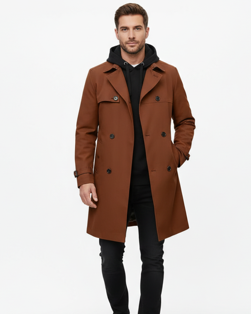 Brent | Men's Double Breasted Trench Coat with Lapel Collar and Adjustable Belt
