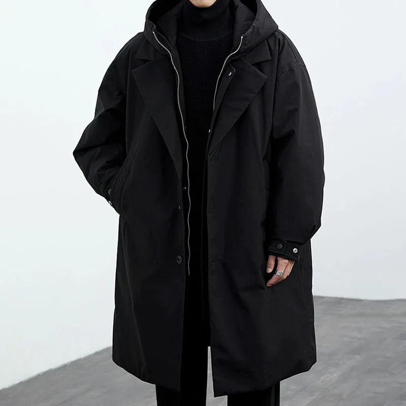 Colin | Men's Long Trench Coat with Hood and Full Zip Front