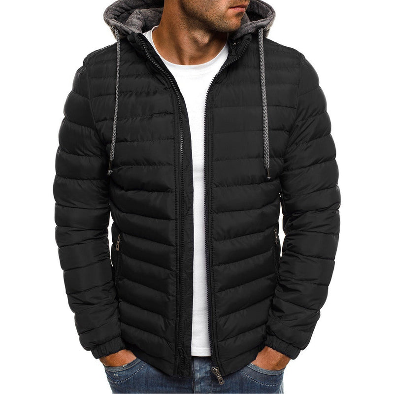Men's quilted winter puffer jacket with detachable hood in Black