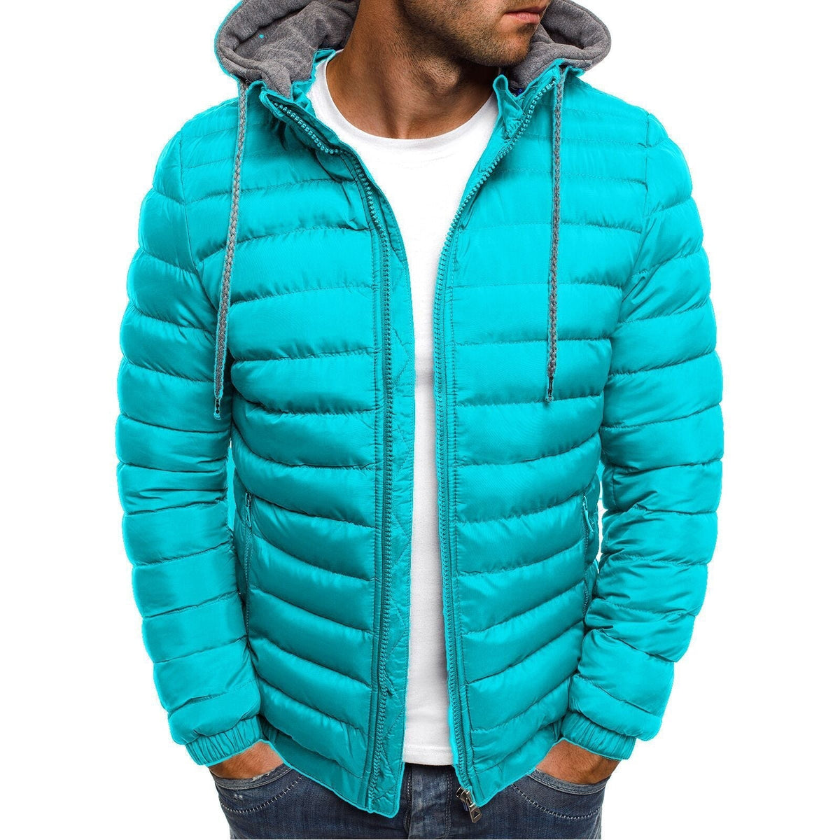 Men's quilted winter puffer jacket with detachable hood in Blue
