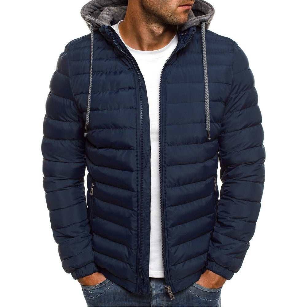 Men's quilted winter puffer jacket with detachable hood in Navy
