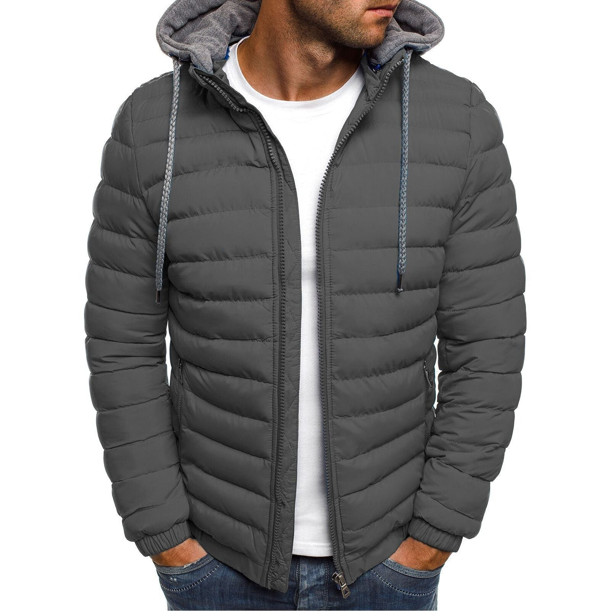 Men's quilted winter puffer jacket with detachable hood