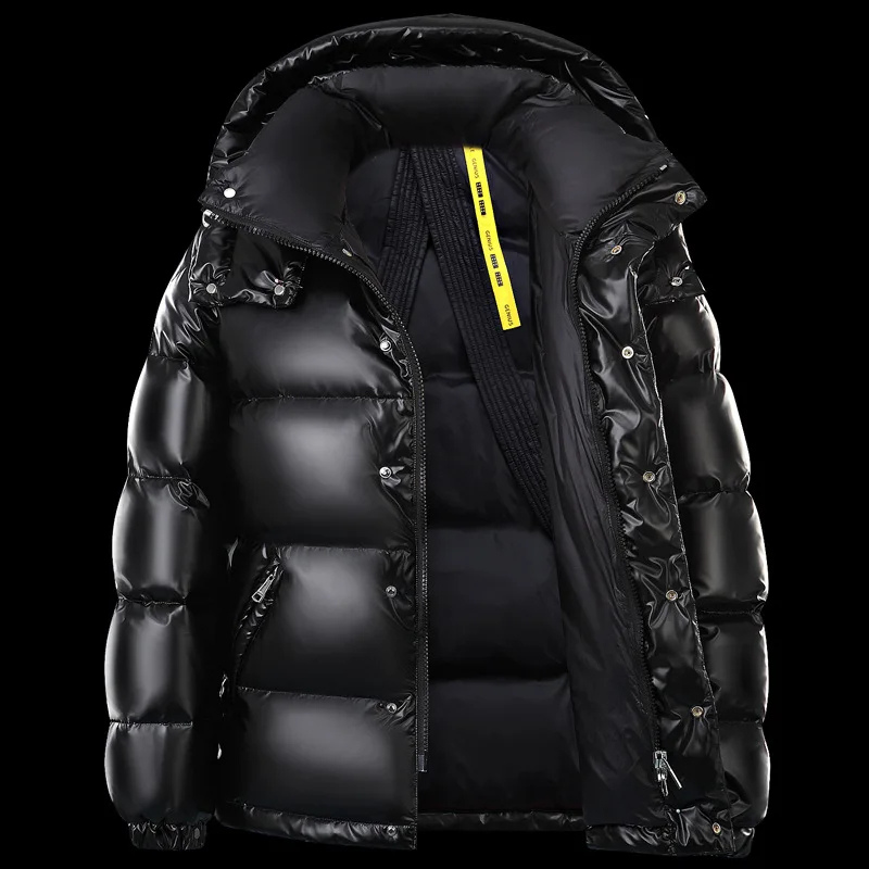 Men's winter down puffer jacket with hood in Black
