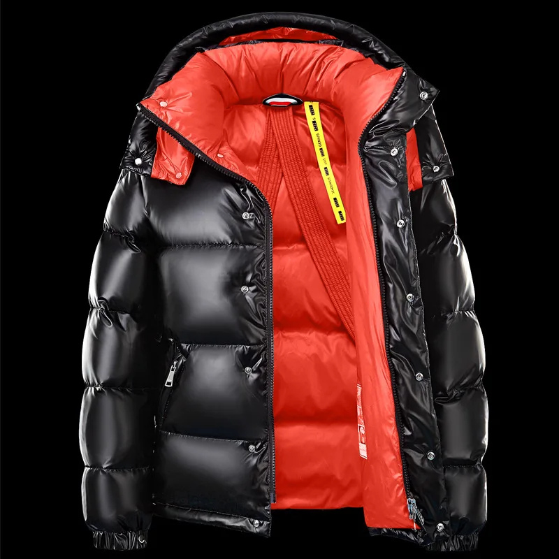 Men's winter down puffer jacket with hood in Red