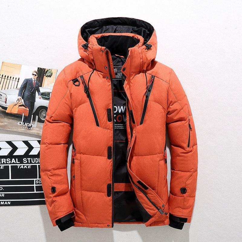 Men's waterproof winter puffer jacket with hood and fleece lined collar in Orange