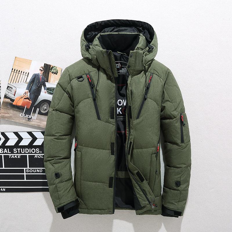 Men's waterproof winter puffer jacket with hood and fleece lined collar in Green