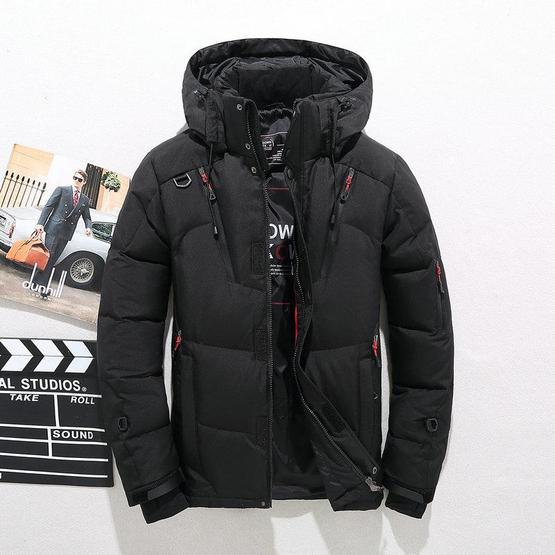 Men's waterproof winter puffer jacket with hood and fleece lined collar in Black