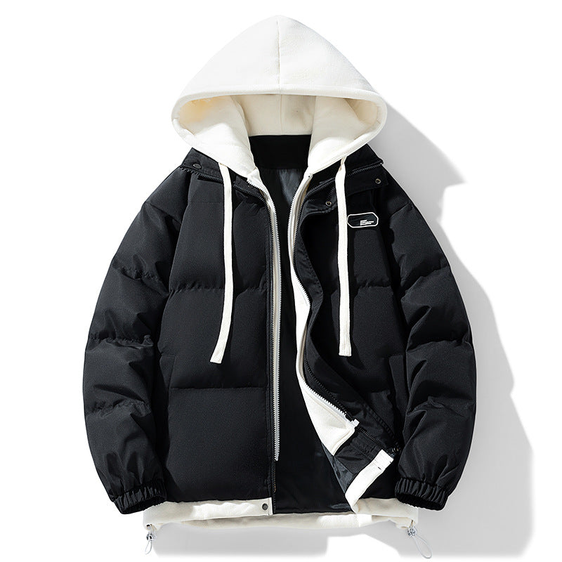 Men's quilted winter puffer jacket with hood and elastic cuffs in Black