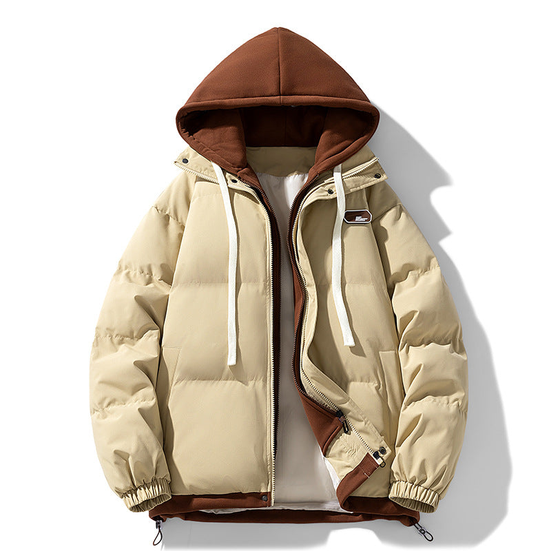 Men's quilted winter puffer jacket with hood and elastic cuffs in Khaki