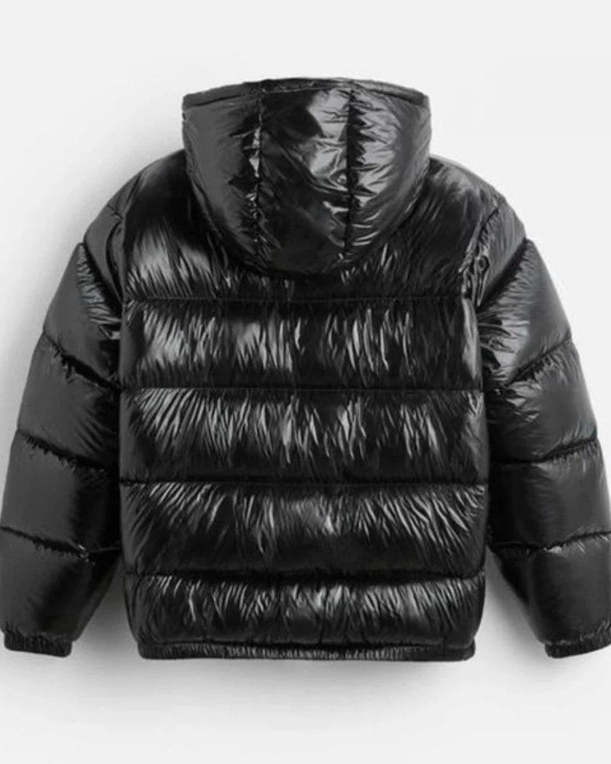 Men's winter down puffer jacket with hood and high collar
