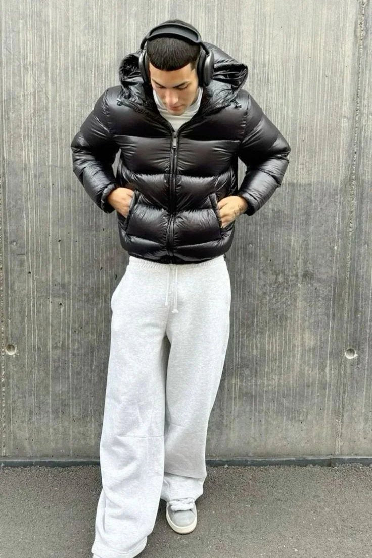 Men's winter down puffer jacket with hood and high collar