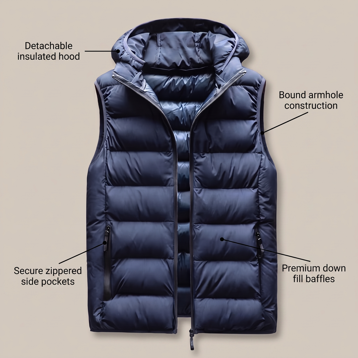 Greg | Men's Puffer Vest with Down Fill and Detachable Hood