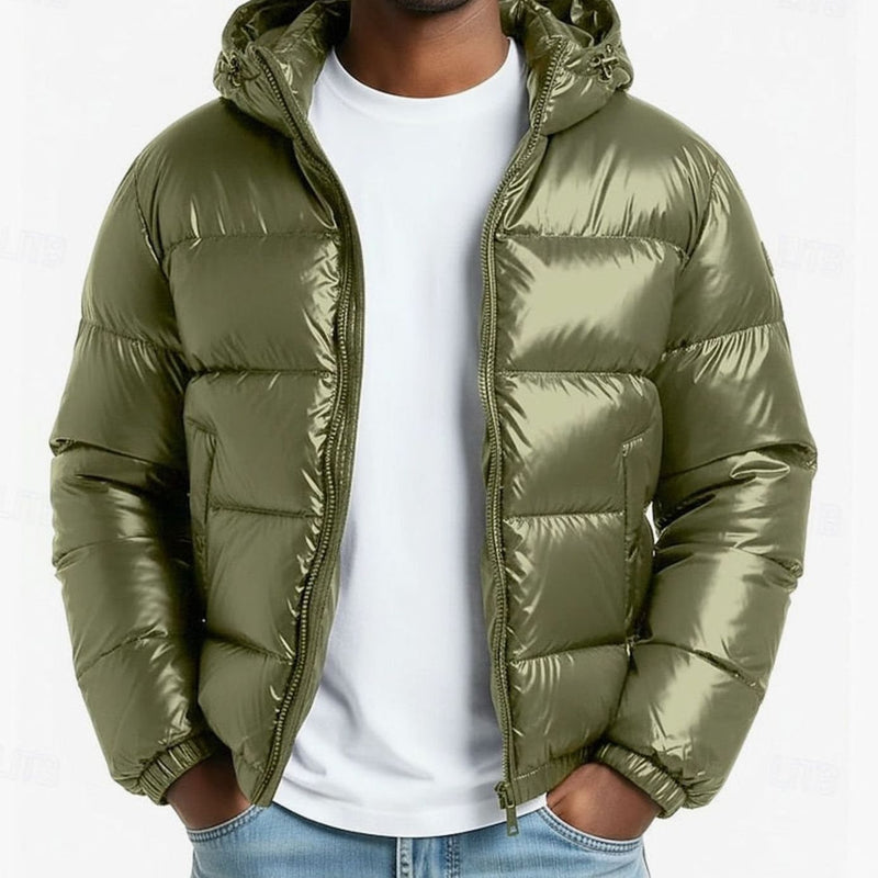 Men's quilted winter puffer jacket with adjustable hood in Green