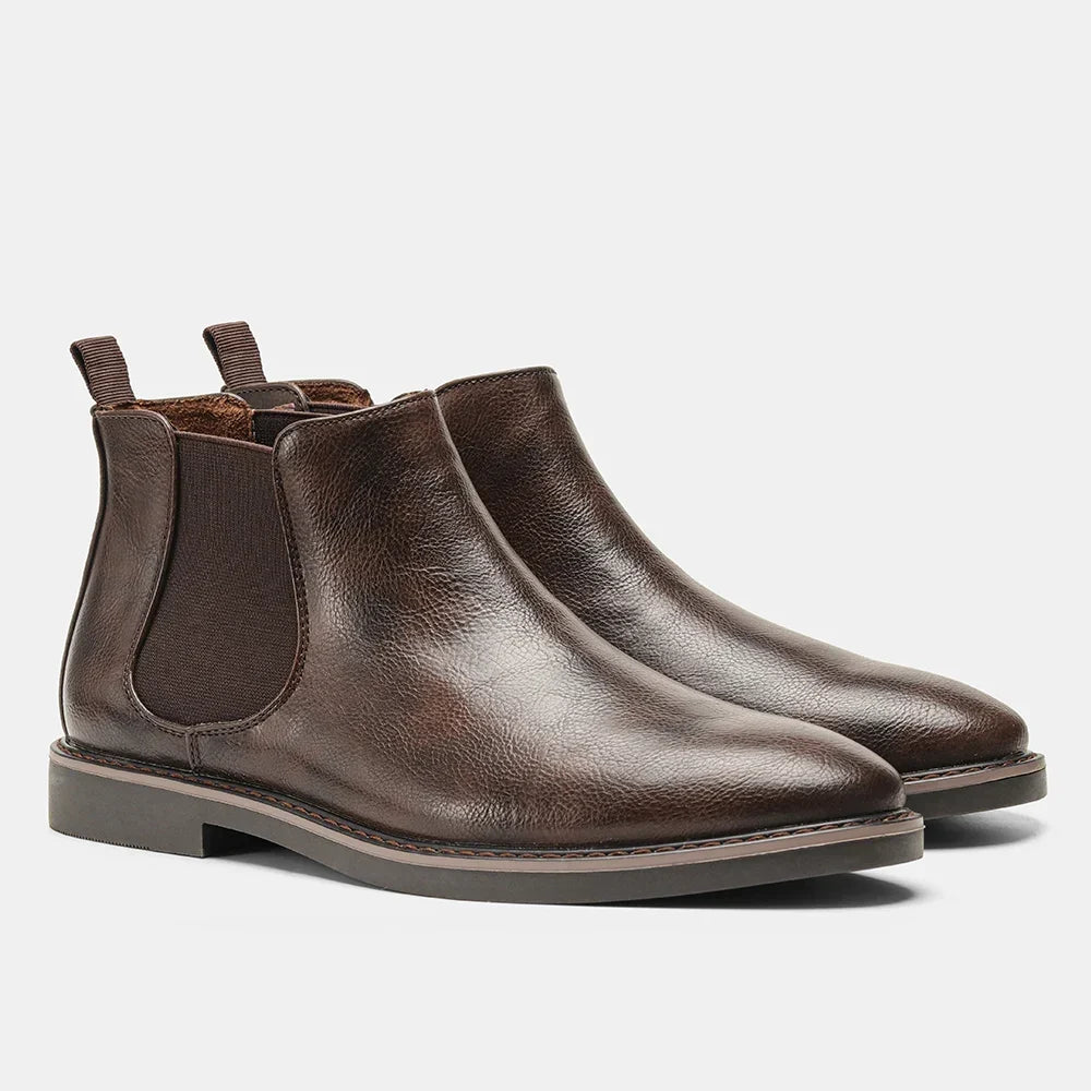 Men's dress Chelsea boots with elastic sides and padded insole in Dark Brown