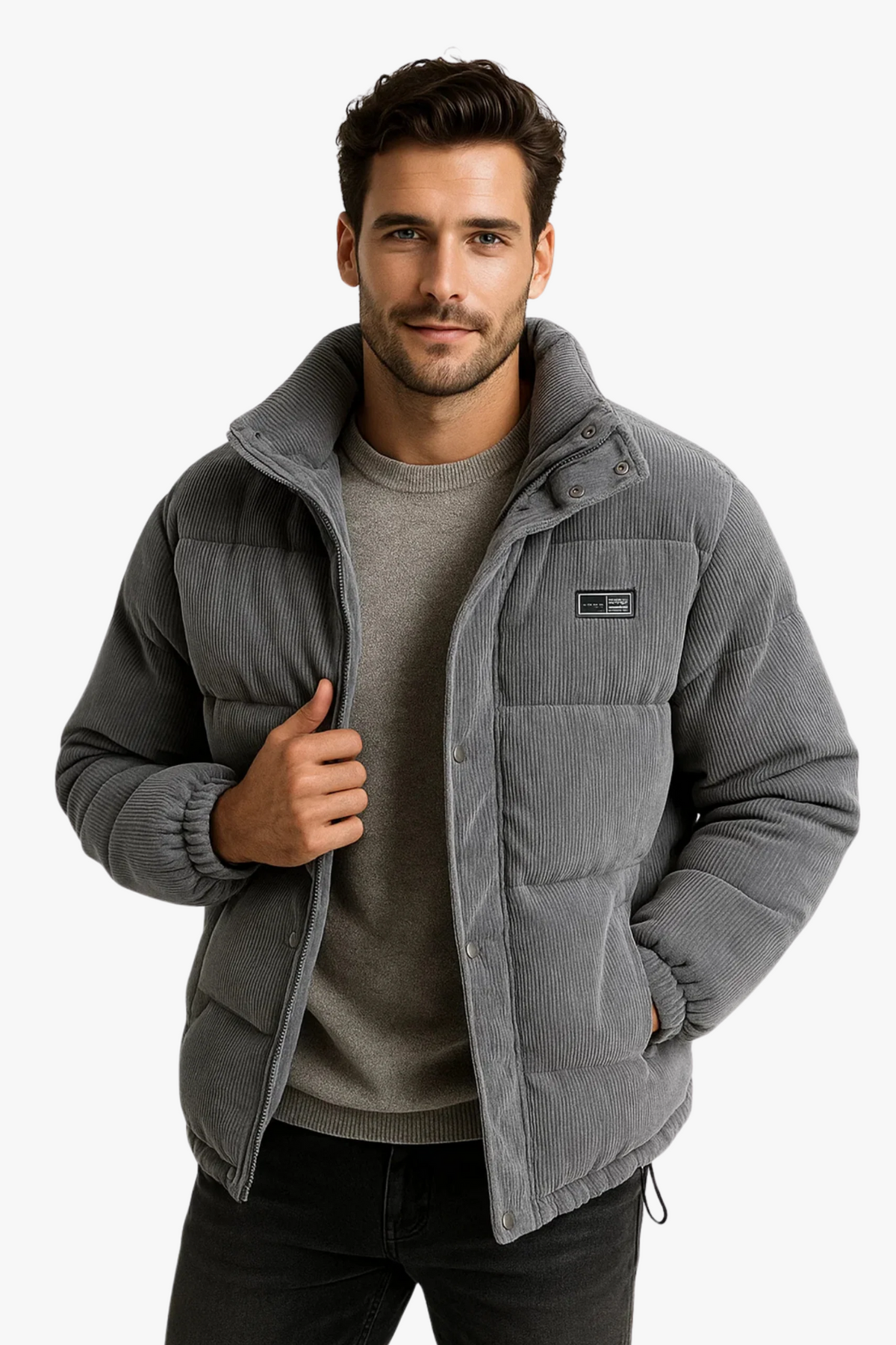 Men's winter puffer jacket with corduroy shell and stand collar in Gray