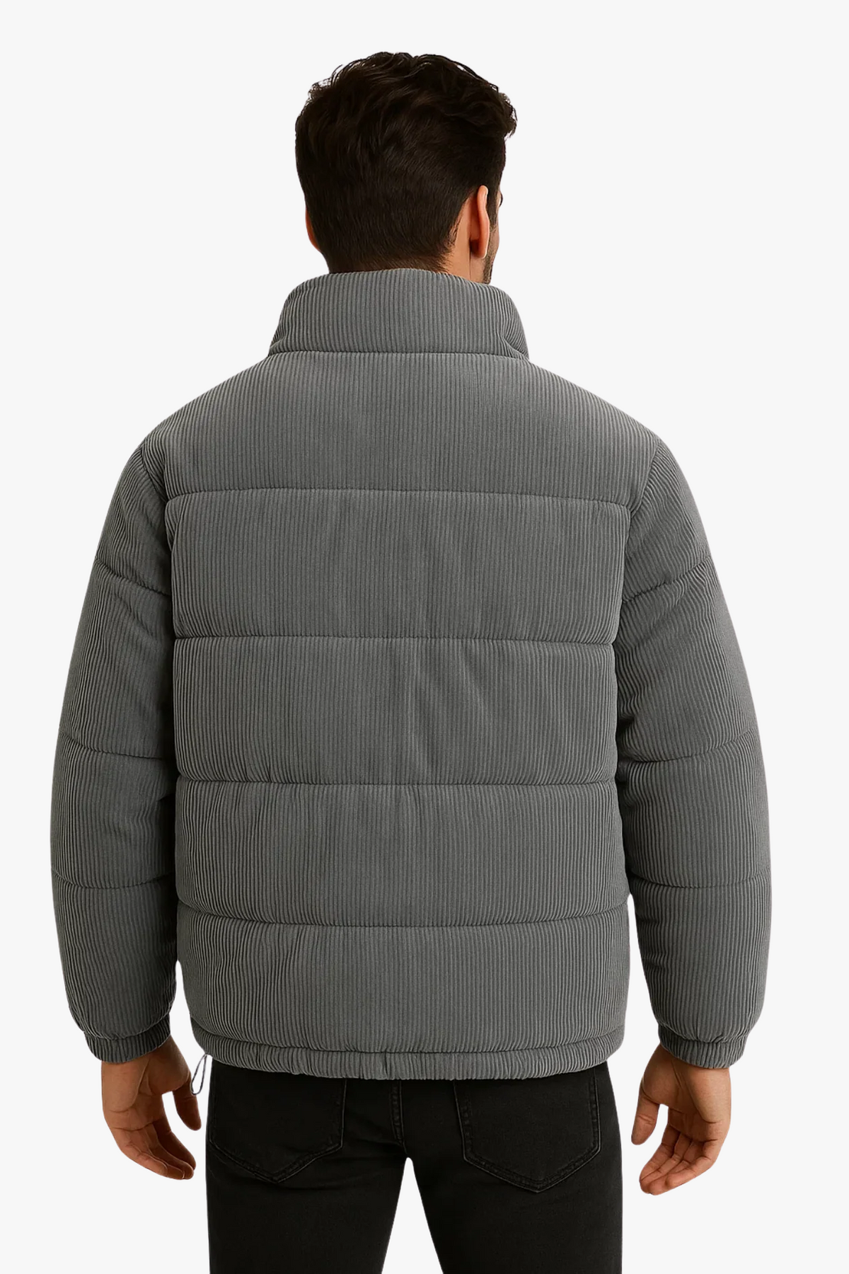 Men's winter puffer jacket with corduroy shell and stand collar