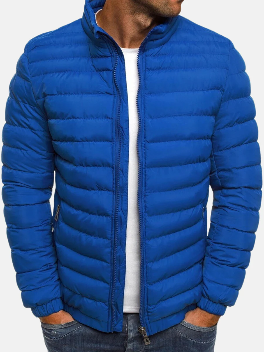 Men's quilted winter puffer jacket with stand collar and full zip in Blue