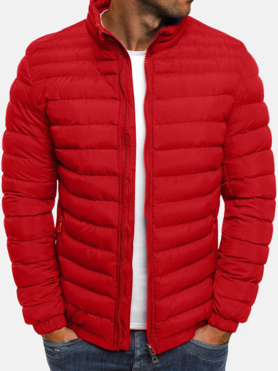 Men's quilted winter puffer jacket with stand collar and full zip in Red