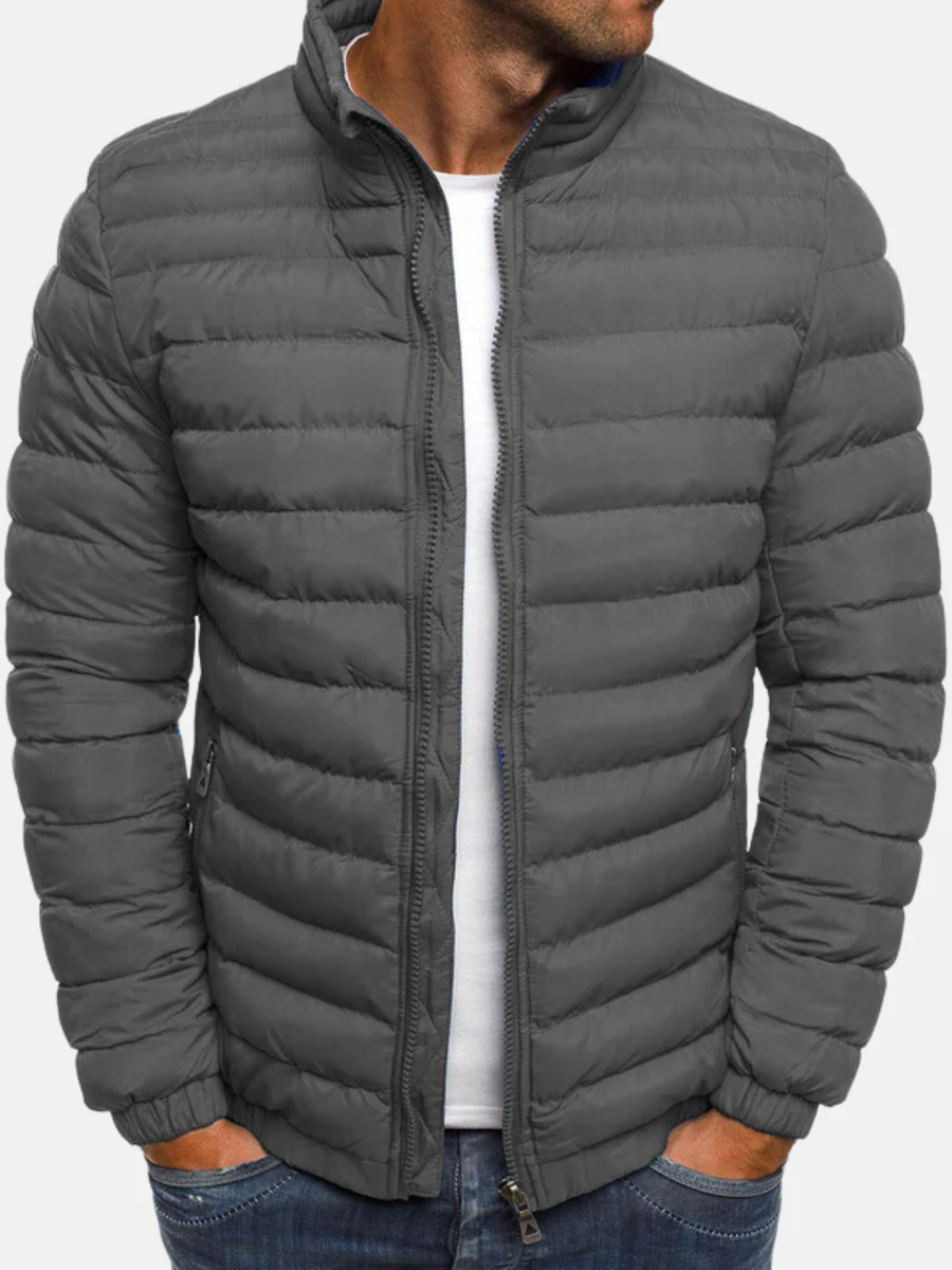 Men's quilted winter puffer jacket with stand collar and full zip in Gray